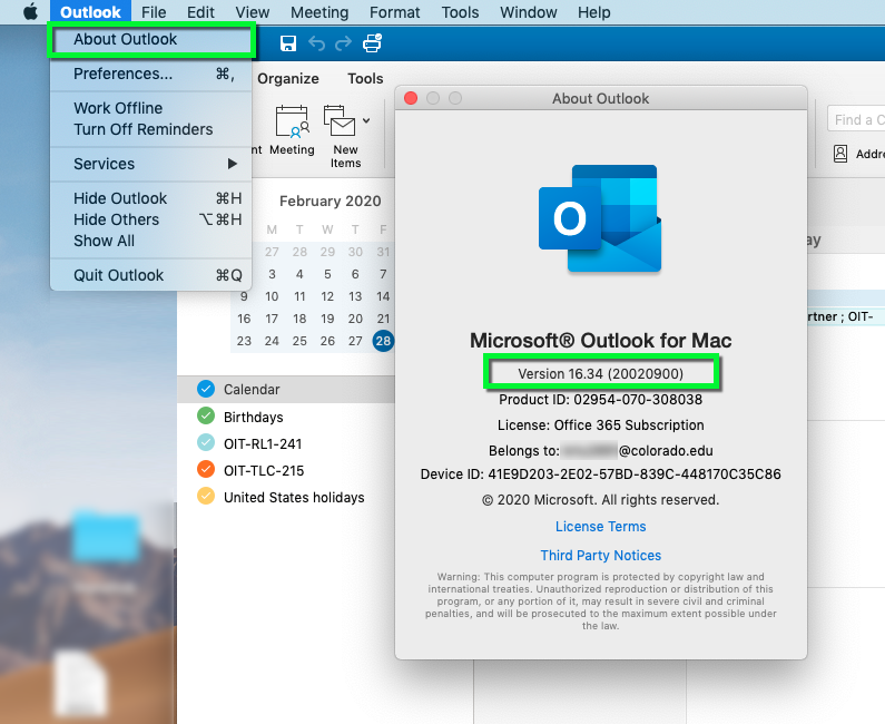 know version of outlook for mac